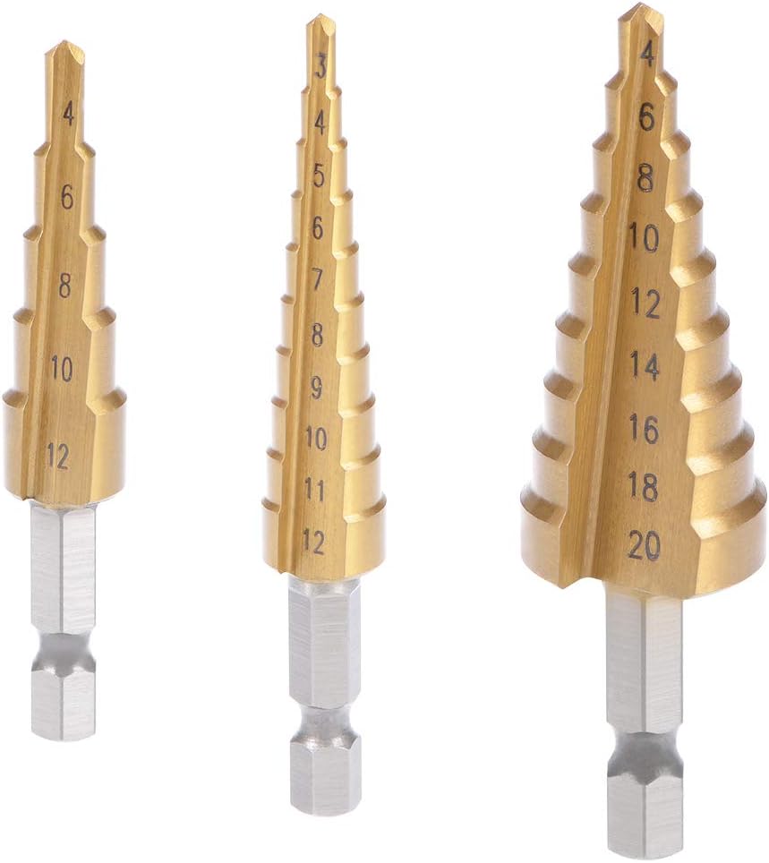 Step Drill Bits Set HSS 3-12mm 4-12mm 4-20mm Titanium Coated Straight Flutes Hex Shank for Metal Wood Plastic