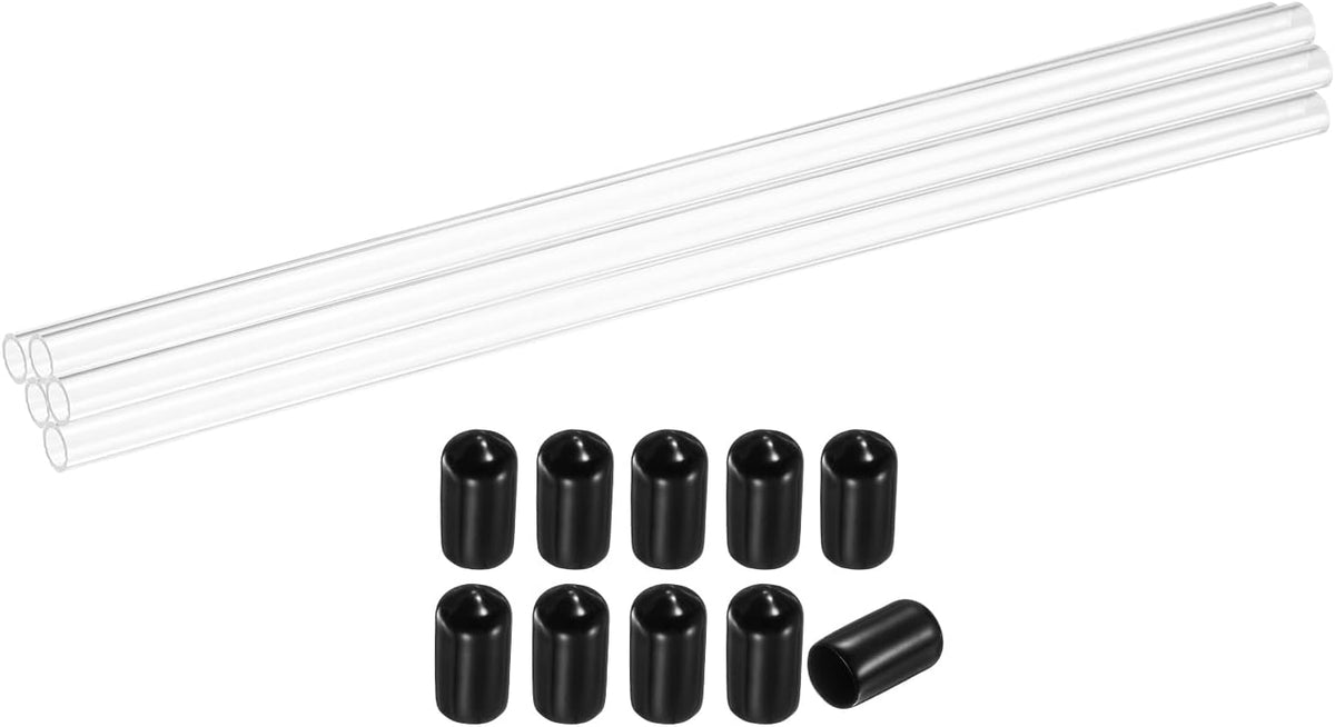 5Pcs Clear Rigid Acrylic Pipe, 6mm(0.24") ID x 8mm(0.31") OD 10" Round Polycarbonate Tube Plastic Tubing with Rubber Caps for Plumbing, Lighting, Aquarium, DIY Projects