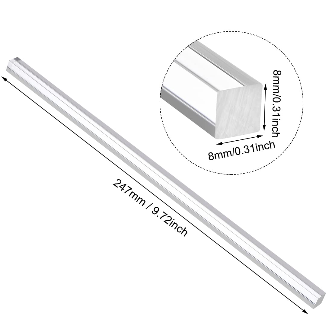 Akrylowa Prostokątna Rurka, Przezroczysta, 8mmx8mmx250mm, Solidny Plastik PMMA Pręt, 4szt