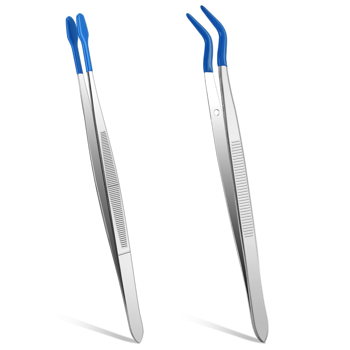 Rubber Tipped Tweezers, 2 Pcs PVC Coated Craft Tweezers Long Bent and Straight Flat Tip Precision Tweezer Set for Crafts Stamps Coin Beads Jewelry Industrial Electronic Lab (Blue)