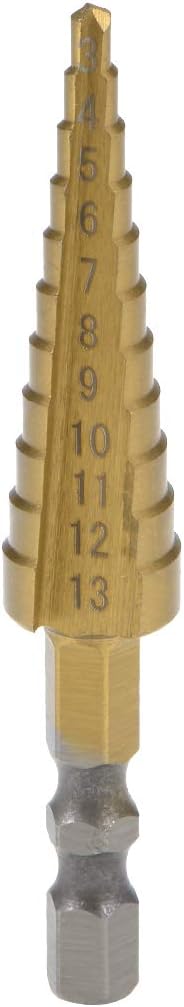 Step Drill Bit HSS 3mm to 13mm 11 Sizes Titanium Coated Straight Flutes Hex Shank for Metal Wood Plastic