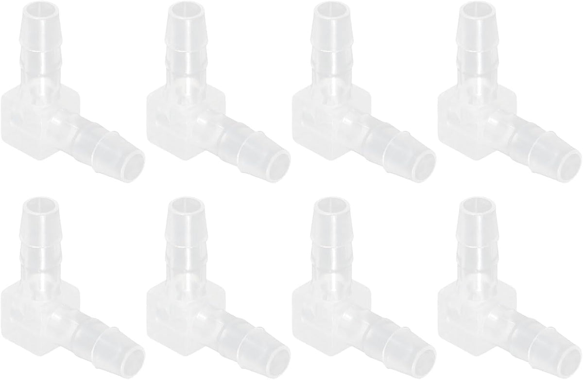 3/16" Hose Barb Fitting, 8 Pcs Equal Barbed 90 Degree Elbow L Shaped 2 Way Plastic Splicer Joint Mender Adapter Union Fitting for Air Line Tubing Pipe Household Fuel Gas Liquid