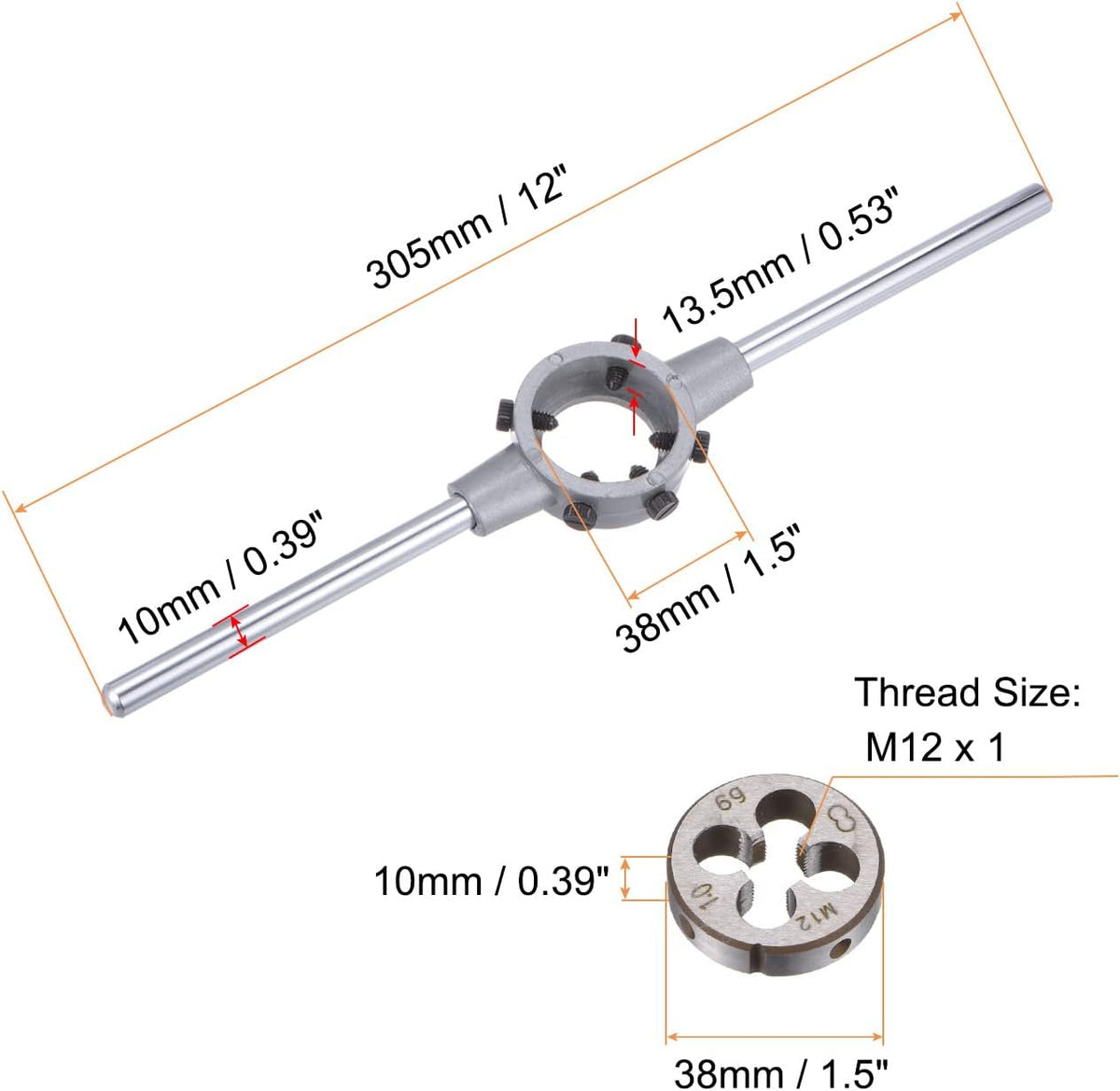 Die Stock Handle Wrench Set, M12 x 1 Threading Round Die and 38mm (Fit M12-M16 Dies) Holder Adjustable Wrench Hand Tool
