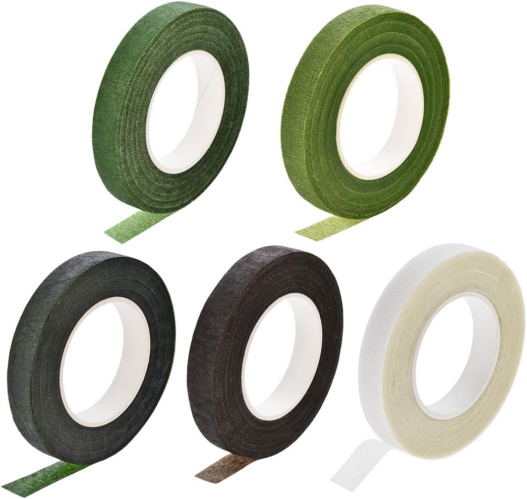 LinkMejor 5 Roll 1/2-inch Wide 30Yard Dark Green,Light Green,Green,Brown,White Floral Tape Flower Adhesives Floral Arrangement Kits
