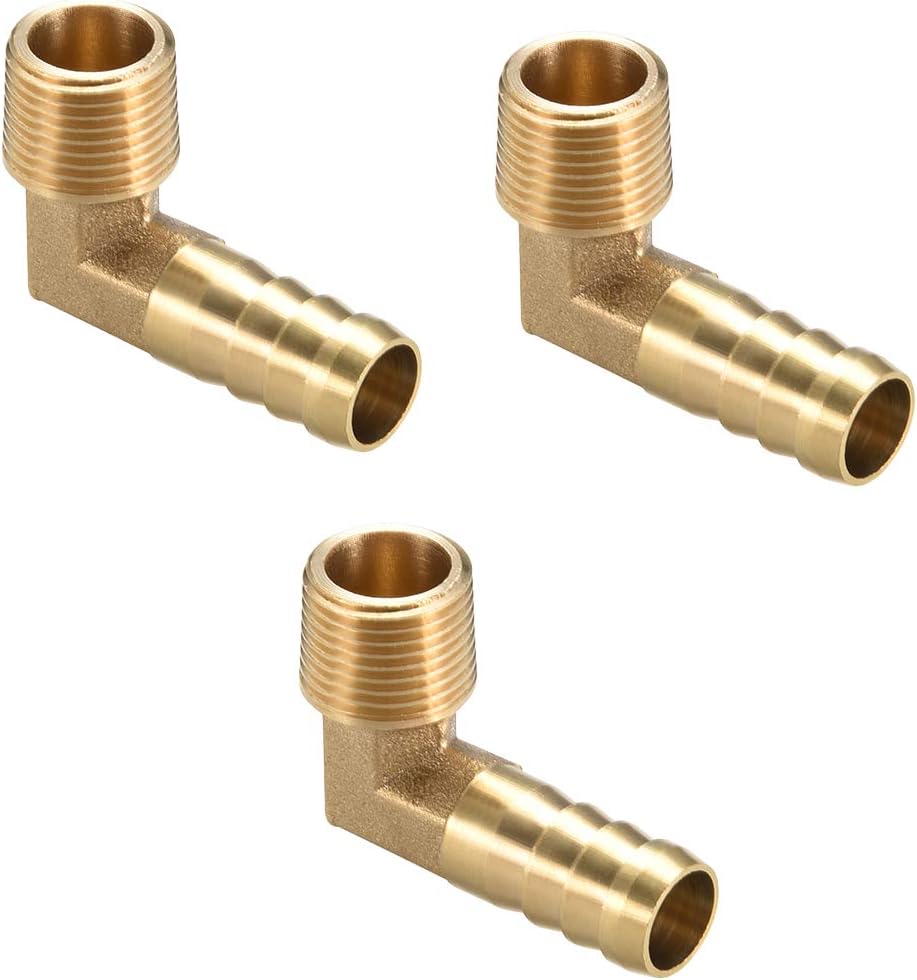 Brass Barb Hose Fitting, 90 Degree Elbow 12mm Barbed to 3/8 PT Male Pipe Adapter Connector 3pcs