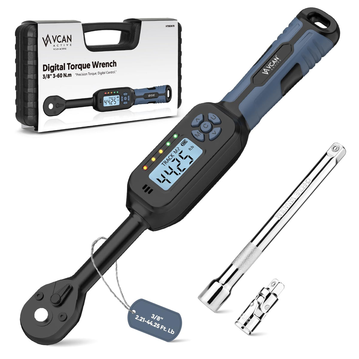 3/8 Distrattore Digitale di Torque (2.21-44.25 Ft. Lb) ±2% Distrattore Digitale di Alta Precisione con Indicatore LED e Buzzer per Traccia Modo/Connettore Universale e Barra di Estensione da 6" per Moto Auto