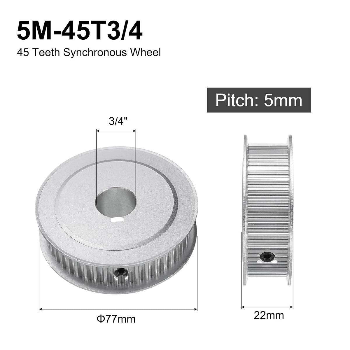 5M-45T-3/4B Timing Belt Pulley 3/4" Bore, 45 Teeth Aluminum Alloy Synchronous Wheel with Keyway, Pitch 5mm Tooth for 15mm Width Belt