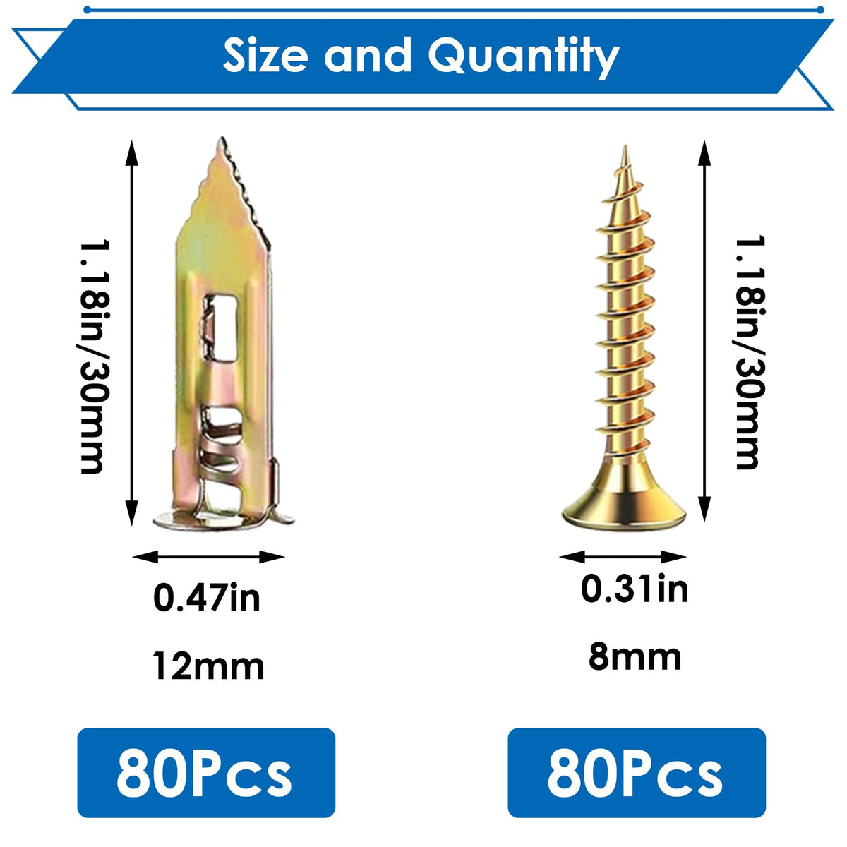 LinkMejor 160Pcs Drywall Anchors with Screws,80Pcs 0.47X1.18inch Heavy Duty Grip Anchors for Wall,80Pcs Expansion Screws for Hanging Picture Frames, Curtains, Plants, Clocks