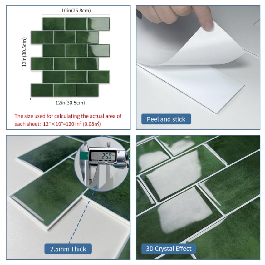 Losa de azulejos LinkMejor Green Peel and Stick para cocina, 10 piezas