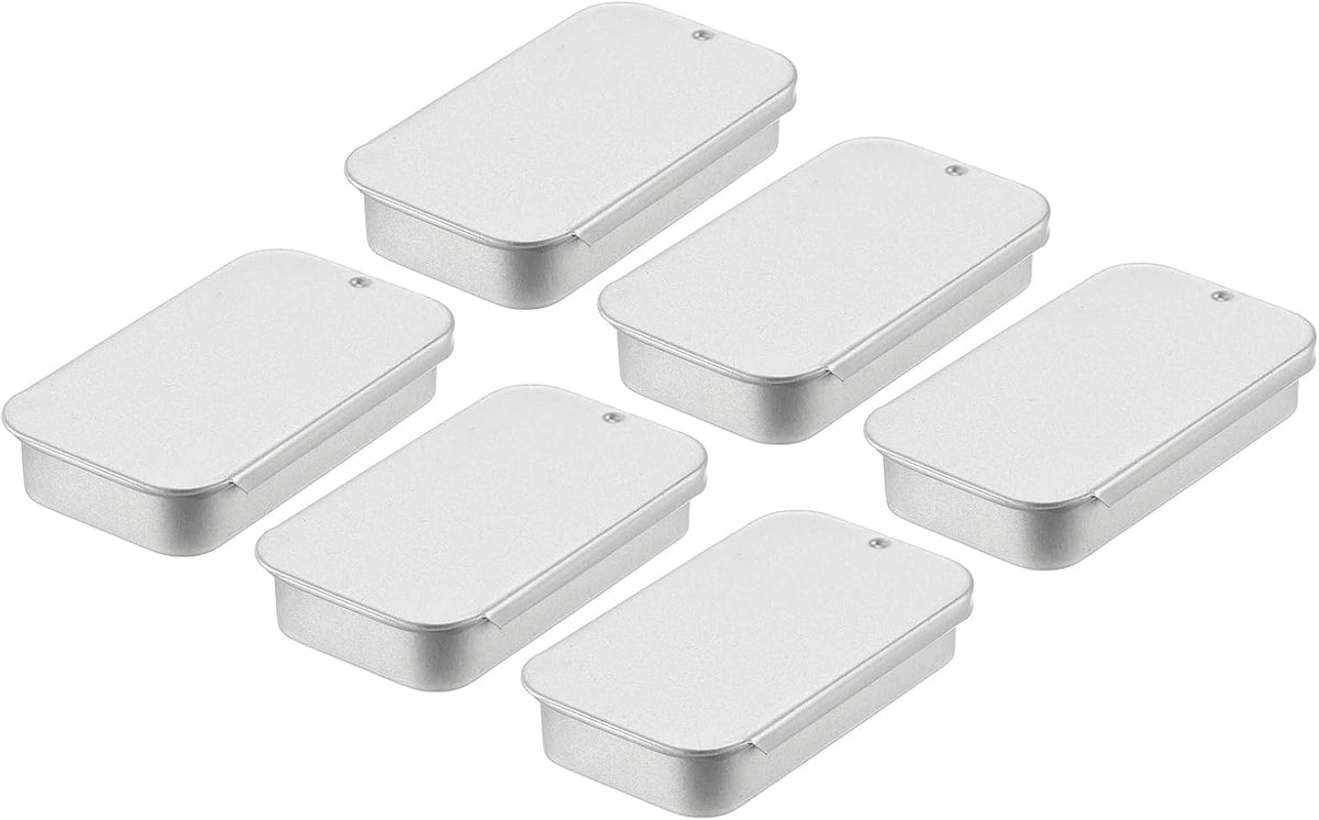 Metal Tin Box Containers, 6Pcs 2.4x1.3x0.4 Inch Silver Mini Portable Metal Slide Top Tin Containers for Jewelry Crafts