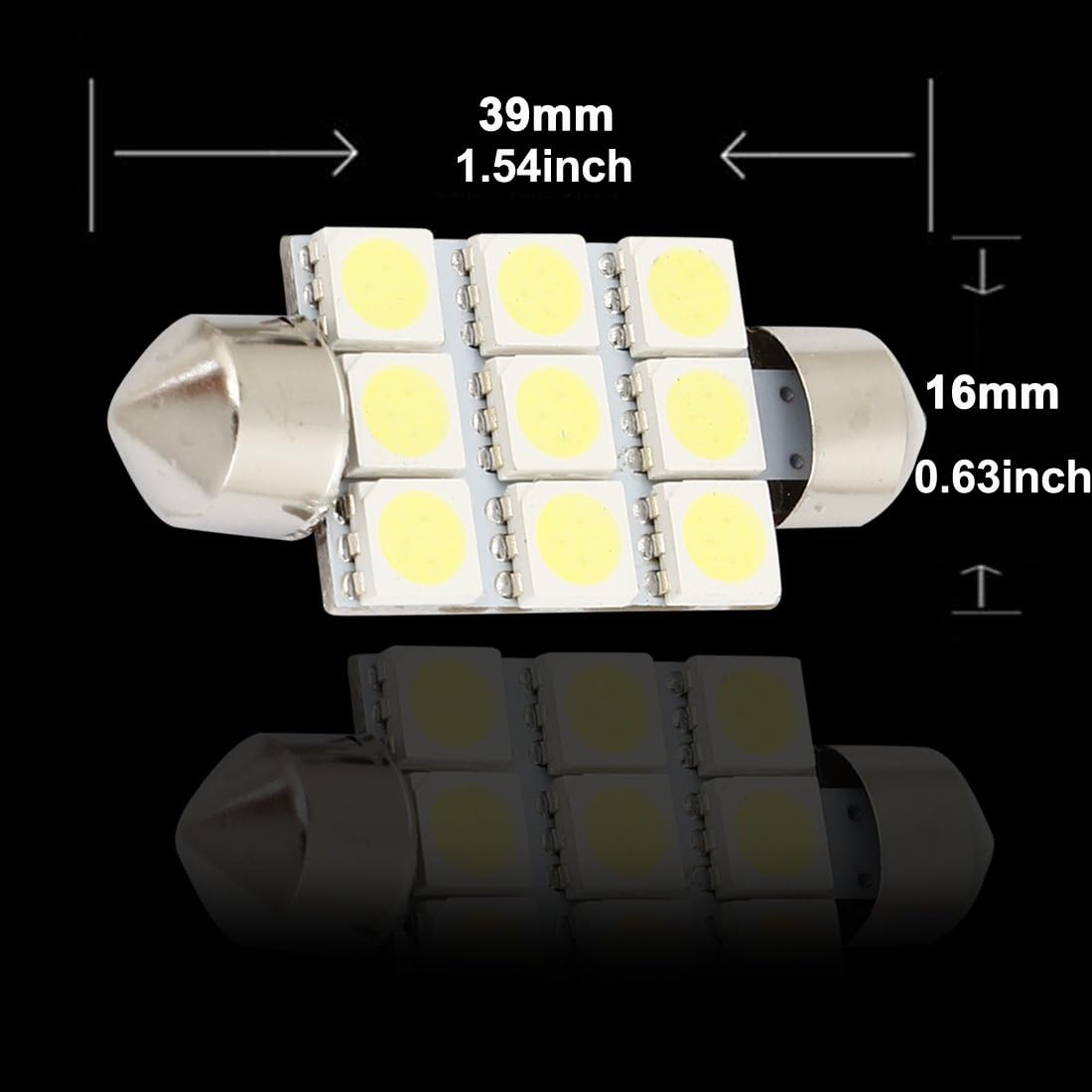 2Pcs 39mm 9-LED Lumière Blanche Panneau de Festoon