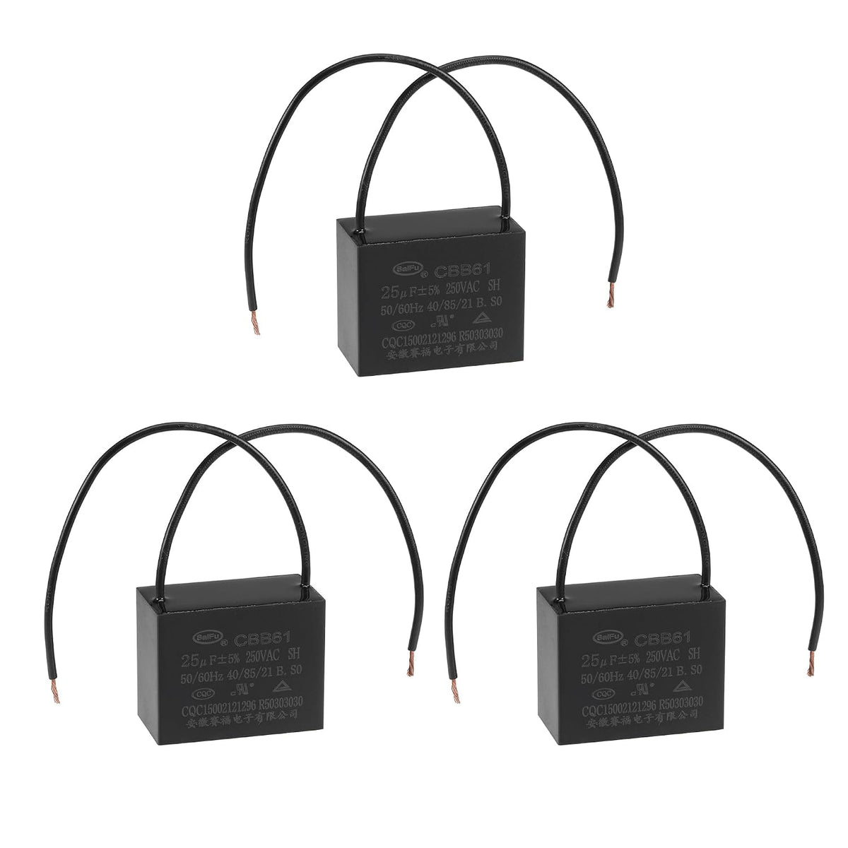 Ceiling Fan Capacitor CBB61 25uF 250V AC 2 Wires Metallized Polypropylene Film Capacitor 48x38x26mm for Electric Fan Pump Motor Generator 3Pcs