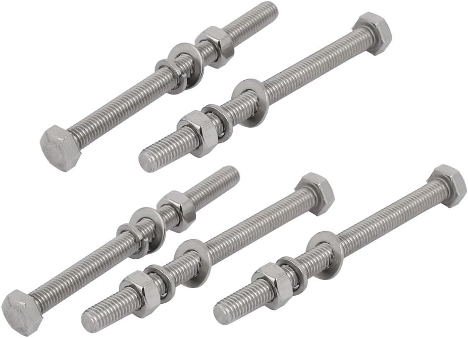 5 Set M8x100mm 304 Stainless Steel Hex Bolts w Nuts and Washers Assortment Kit