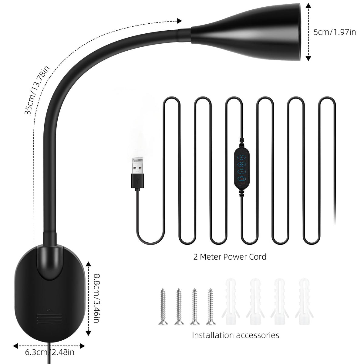 Lumină de citit montată pe perete LED, 5 moduri de culoare 10 intensitate ajustabilă Negru