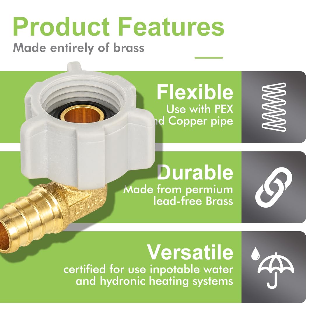 LinkMejor 2 Pack Female NPT Swivel Elbow, PEX 1/2" x 1/2" NPSM Female Threaded Brass Barb Crimp Fittings, Full Port for PEX-B pipes, NSF/ANSI 61 NSF 372 Certificate, ASTM F1807 Certified