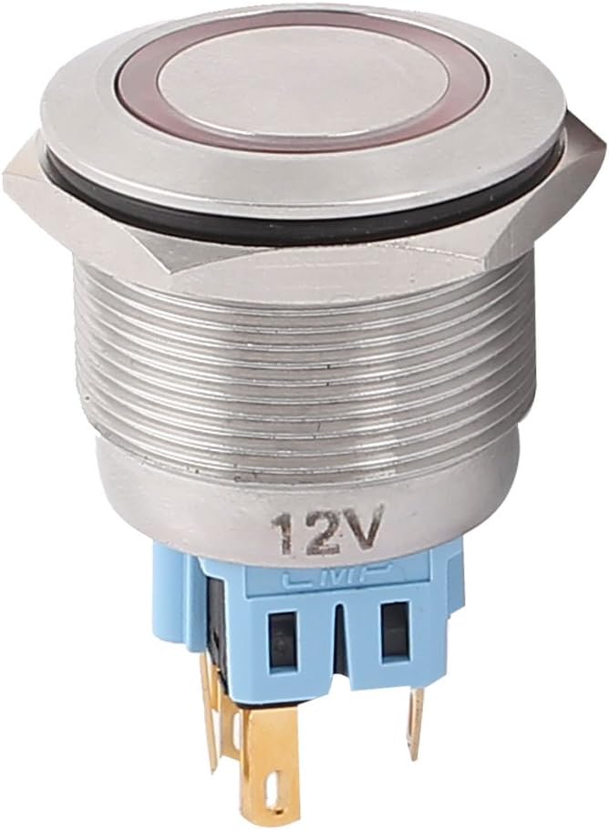 DC 12V Red LED Light 25mm DPST Flat Head Latching Push Button Switch