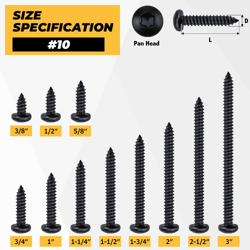 100pk #10 x 1-1/2" Black Pan Head Torx Self Tapping Screws, 304SS +Bit