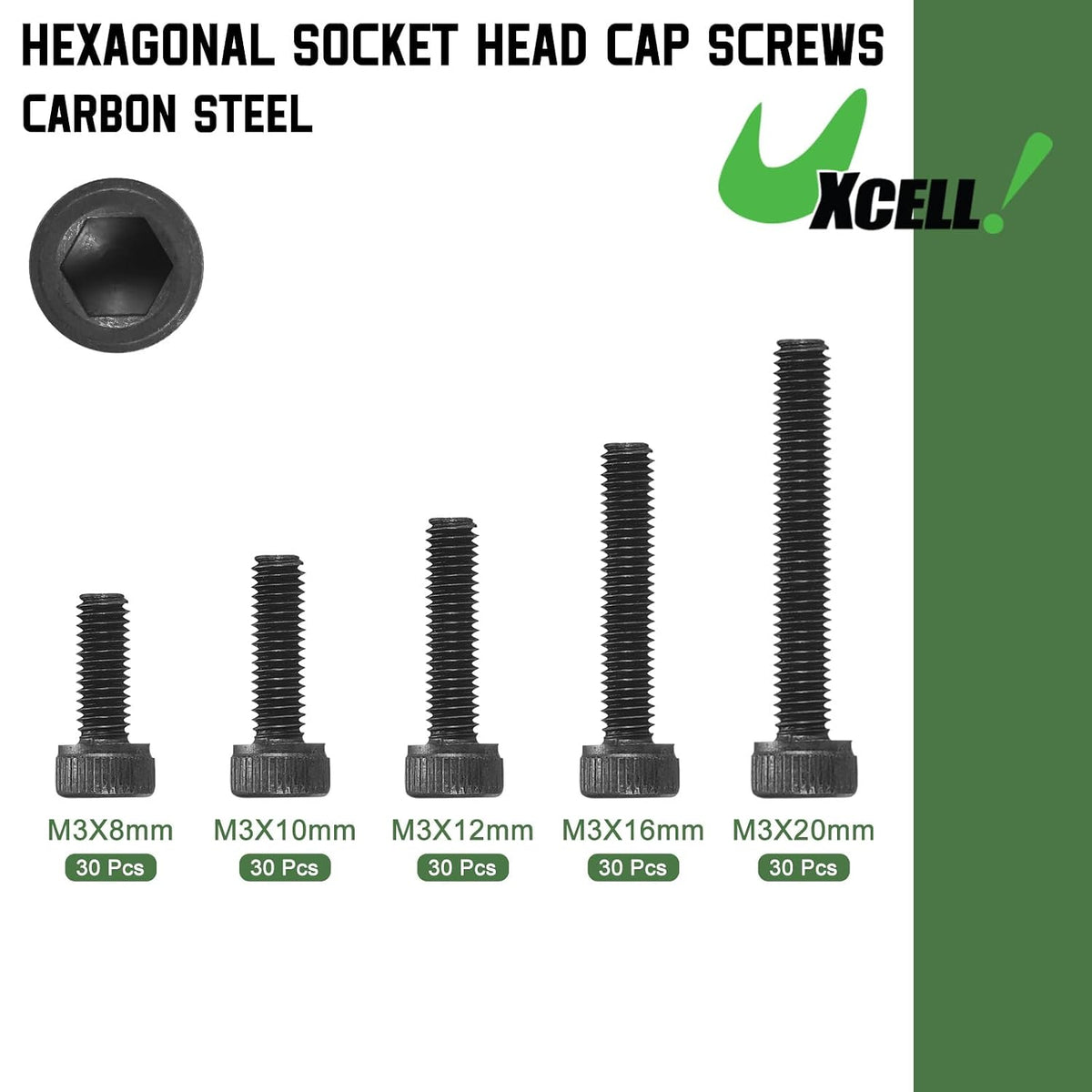 Kits de tornillos con conectores hexagonal y acero al carbono de grado 12.9, tipo M3. Color negro.