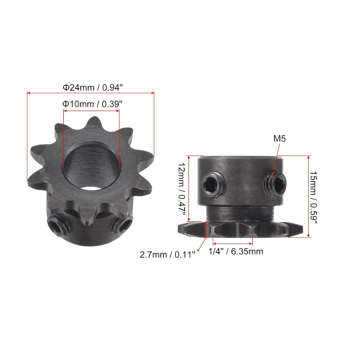 10 Tooth Roller Sprocket B Type, #25 Chain, Single Strand 1/4" Pitch, 10mm Bore Black Oxide C45 Carbon Steel with Set Screws for ISO 04C