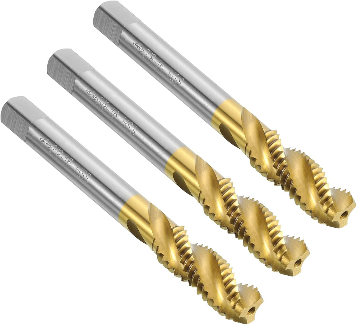 3pcs Spiral Flute Thread Taps, 3/8-16 UNC H2 Screw Threading Tap, Titanium Coated 6542 High Speed Steel Machine Tapping Tools for Machinist Repair