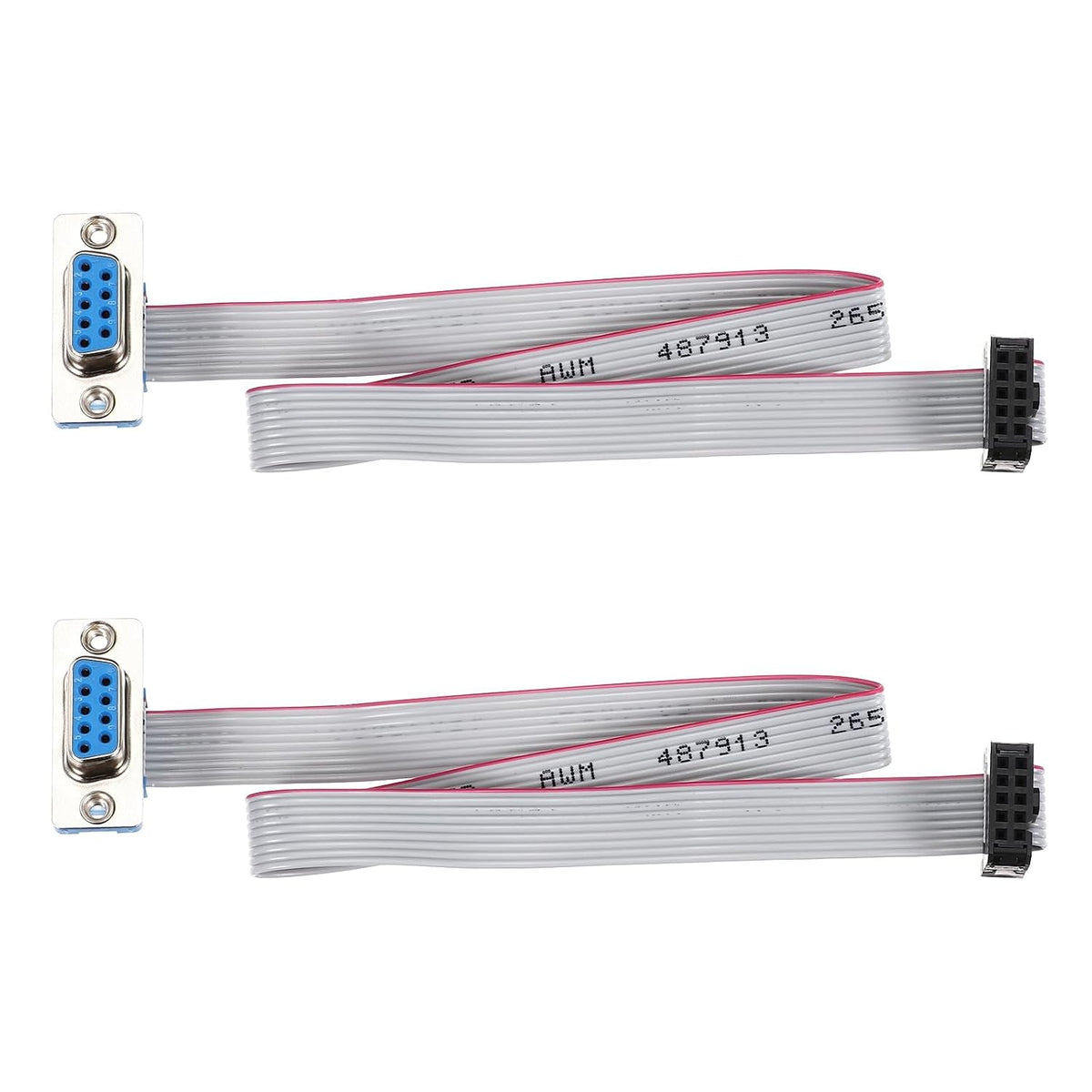 IDC Wire Flat Ribbon Cable DB9 Female to FC-10 Female Connector 2.54mm Pitch 30cm Length 2pcs