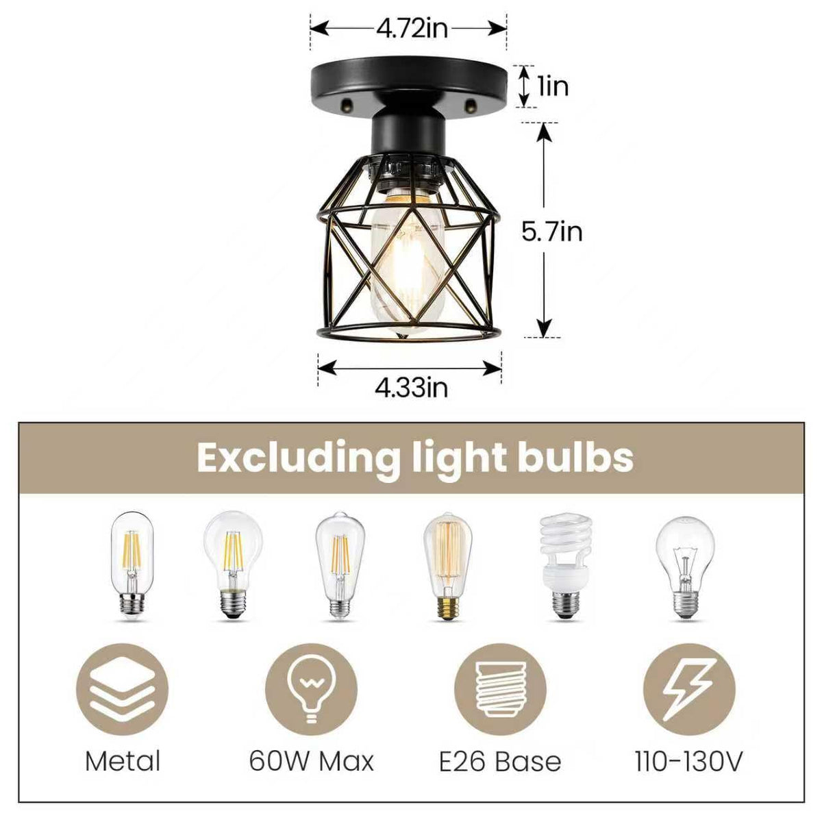 2-Pack Farmhouse Semi Flush Mount Ceiling Light, Black Metal Cage Fixture