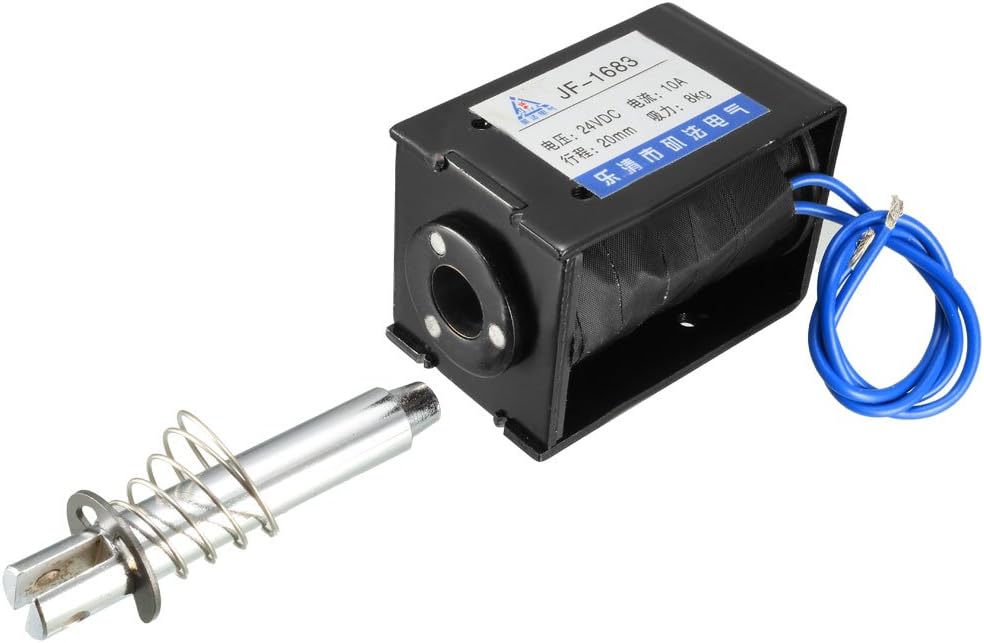 LinkMejor DC 24V, 8 kg, 20 mm de recorrido; tipo de conexión abierta; electroimán lineal. Modelo JF-1683.
