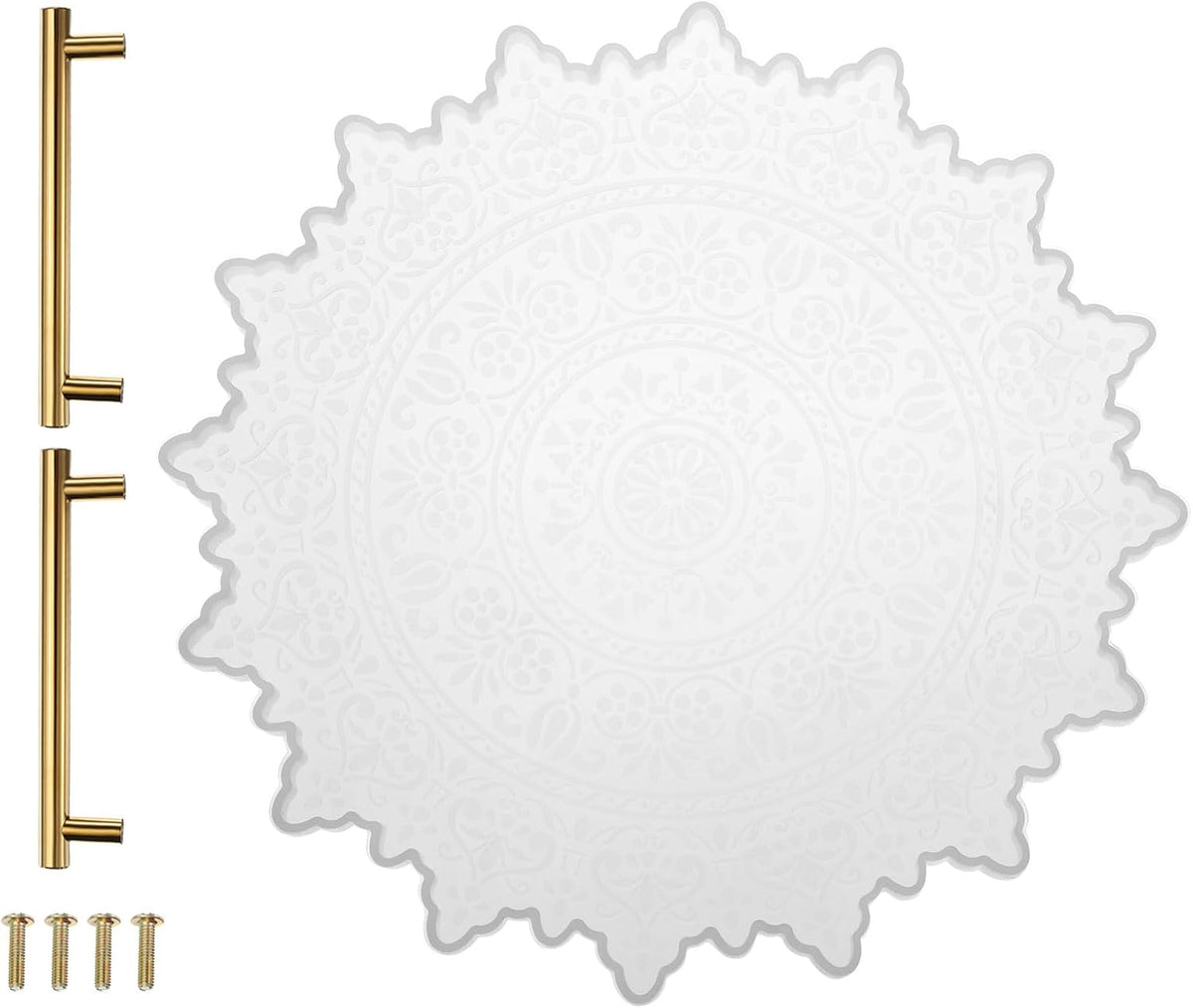 LinkMejor Silicone Tray Molds with 2pcs Gold Handles for Epoxy Resin Mandala Pattern Resin Tray Molds for DIY Craft Projects, Making Faux Agate Trays, Home Decoration, 9.4x9.4 Inch