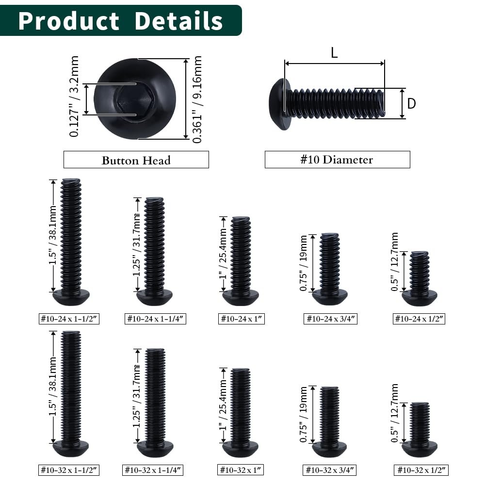 #10-32 x 1/2" Button Head Socket Cap Bolts Screws, 304 Stainless Steel 18-8, Allen Hex Drive, Black Oxide Coated Finish, Fully Machine Thread, 100 PCS