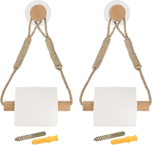 2 Pcs Wood Jute Rope Toilet Paper Holder for Bathroom Decor,Wood Color