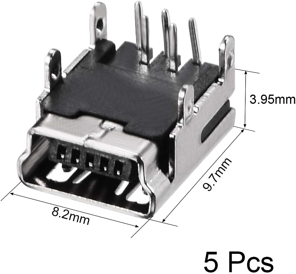 ミニUSB PCBコネクタ 5Pフェムールジャック 4フィート 90度角 5個