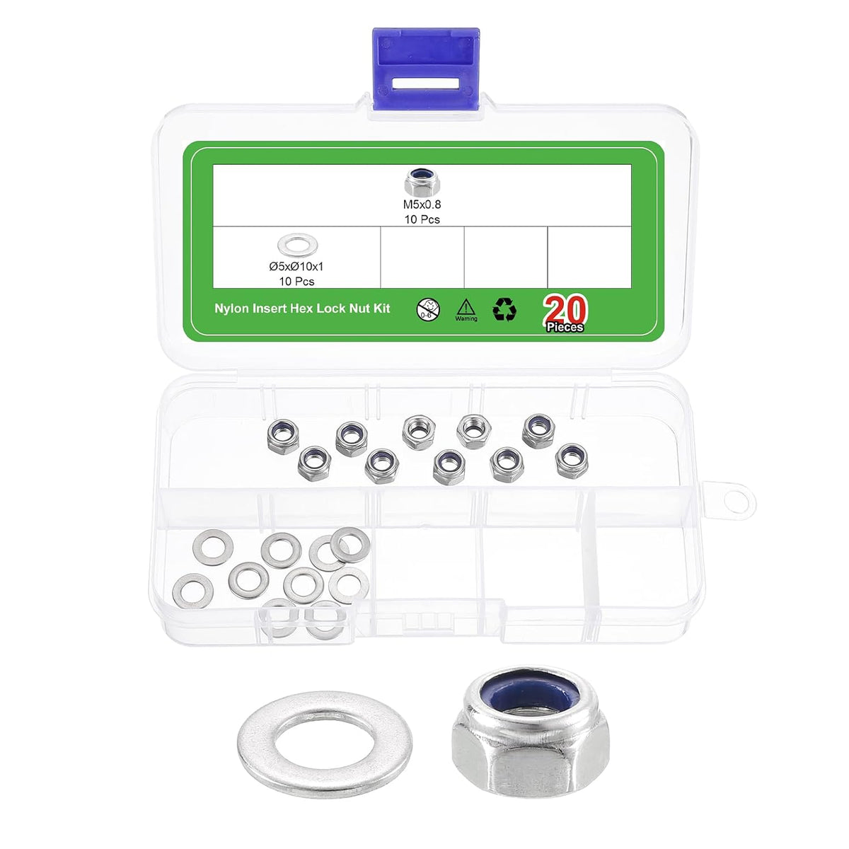 20Pcs M5 x 0.8 Nylon Insert Hex Lock Nut Kit, 304 Stainless Steel Lock Nuts with M5x10x1mm Flat Washers Self Tight Hex Lock Nuts, Silver&Blue