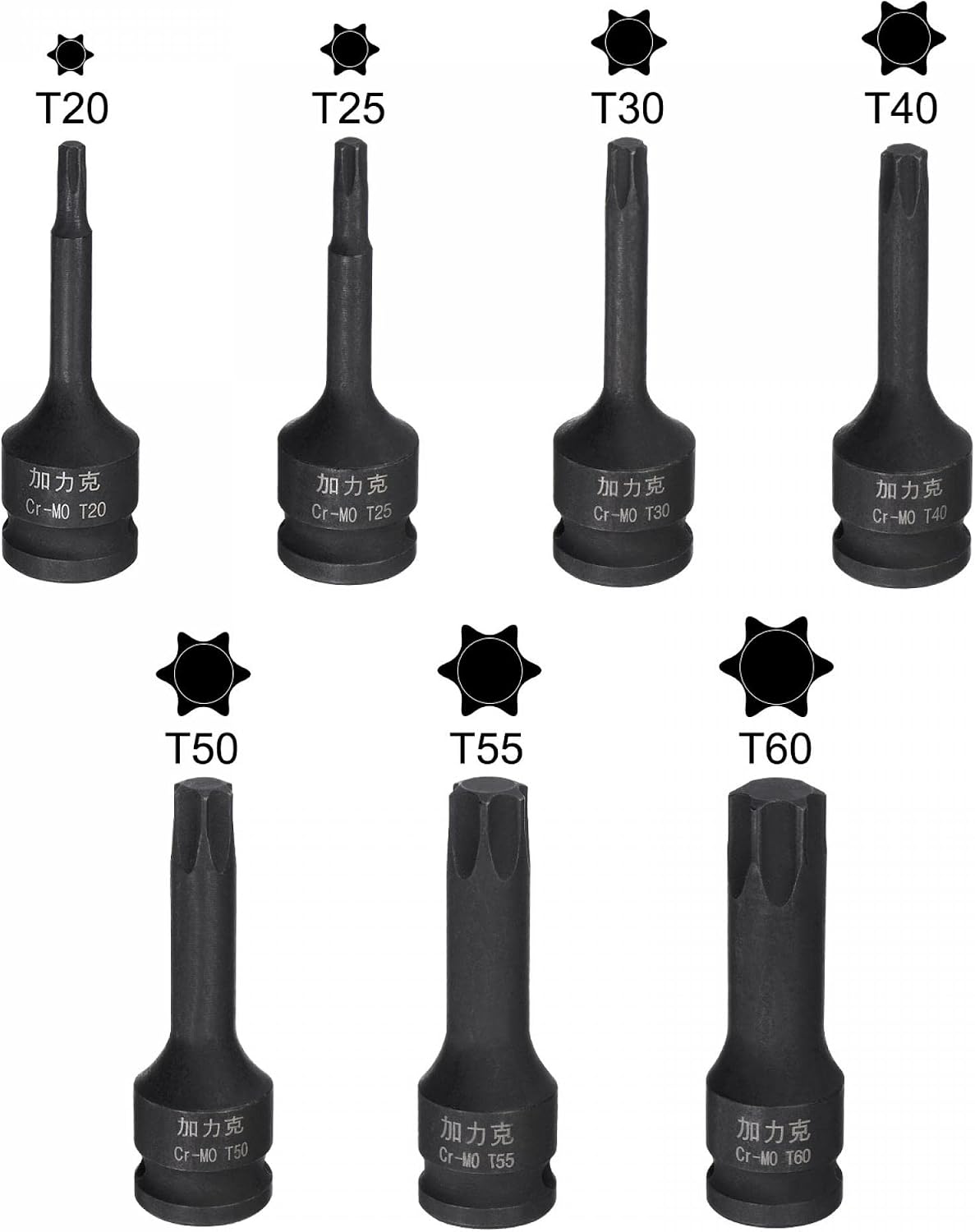 3/8" Drive Impact Torx Bit Socket Set, T20 - T60, Metric 60mm Length, CR-MO