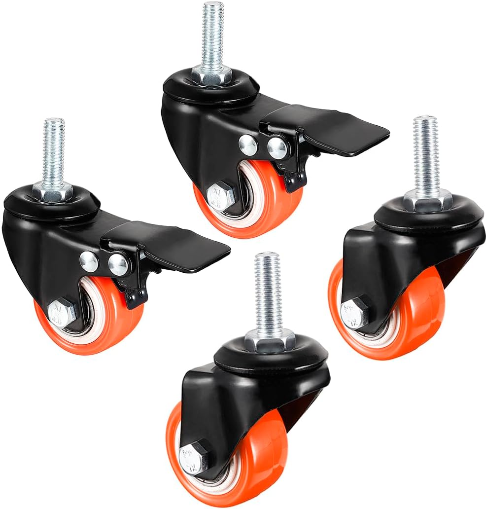 1.5 Inch Swivel Caster Wheels PU 360 Degree Threaded Stem Caster Wheel M8×1.25mm×25mm, 110lb Total Load Capacity, Pack of 4 (2 Pcs with Brake, 2 Pcs No Brake)