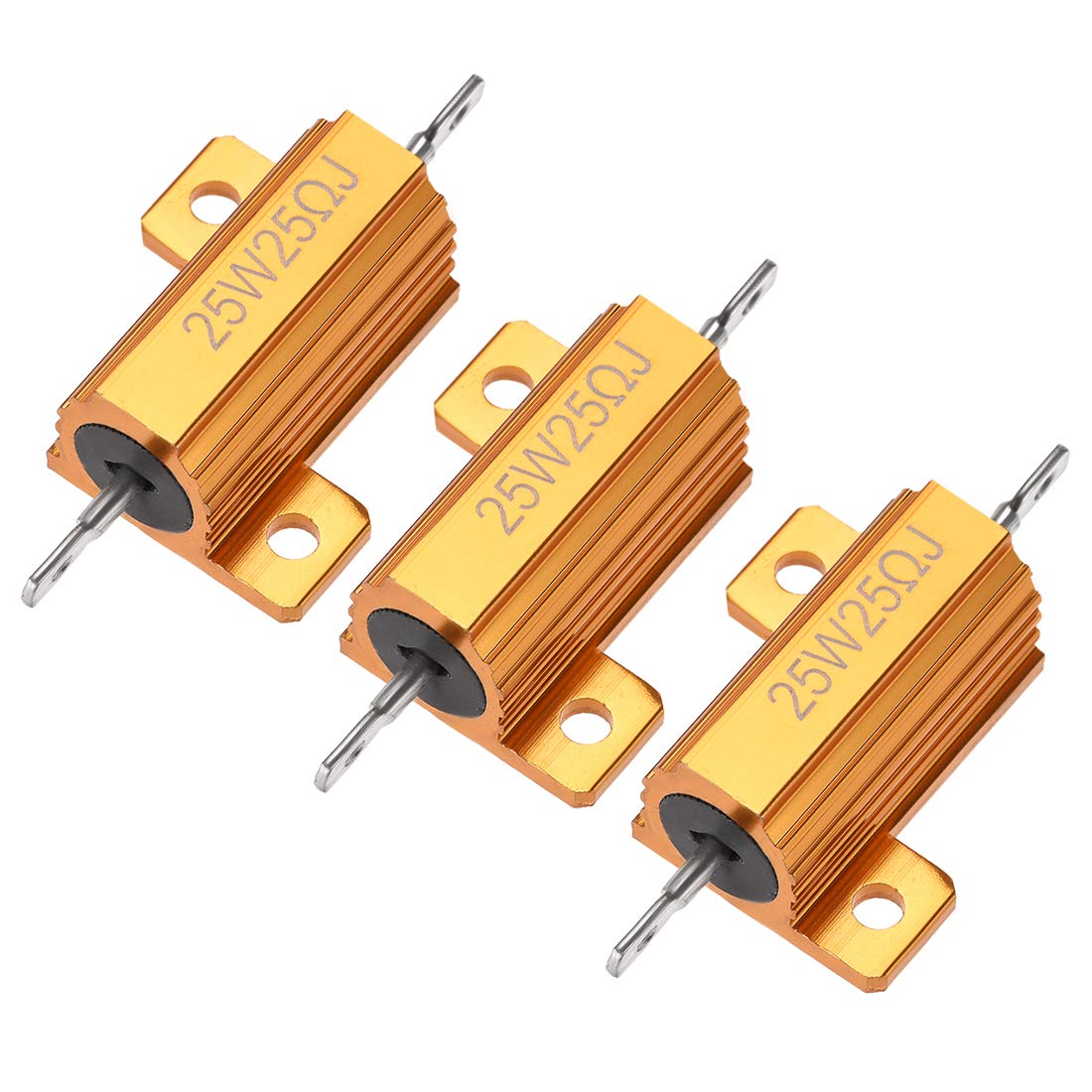 25W 25 Ohm 5% Aluminum Case Resistor Screw Tap Chassis Mounted Wirewound Load Resistors Gold Tone 3 Pcs