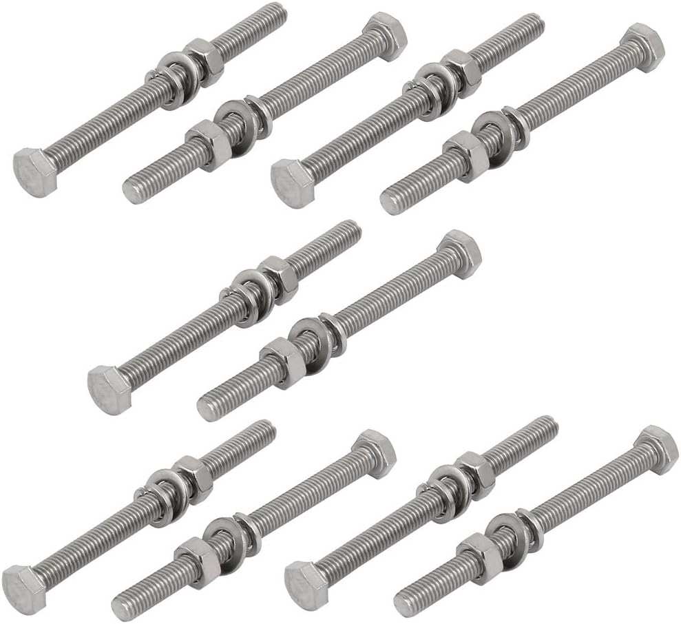 10pcs 304 Stainless Steel M5x70mm Hex Bolts w Nuts and Washers Assortment Kit