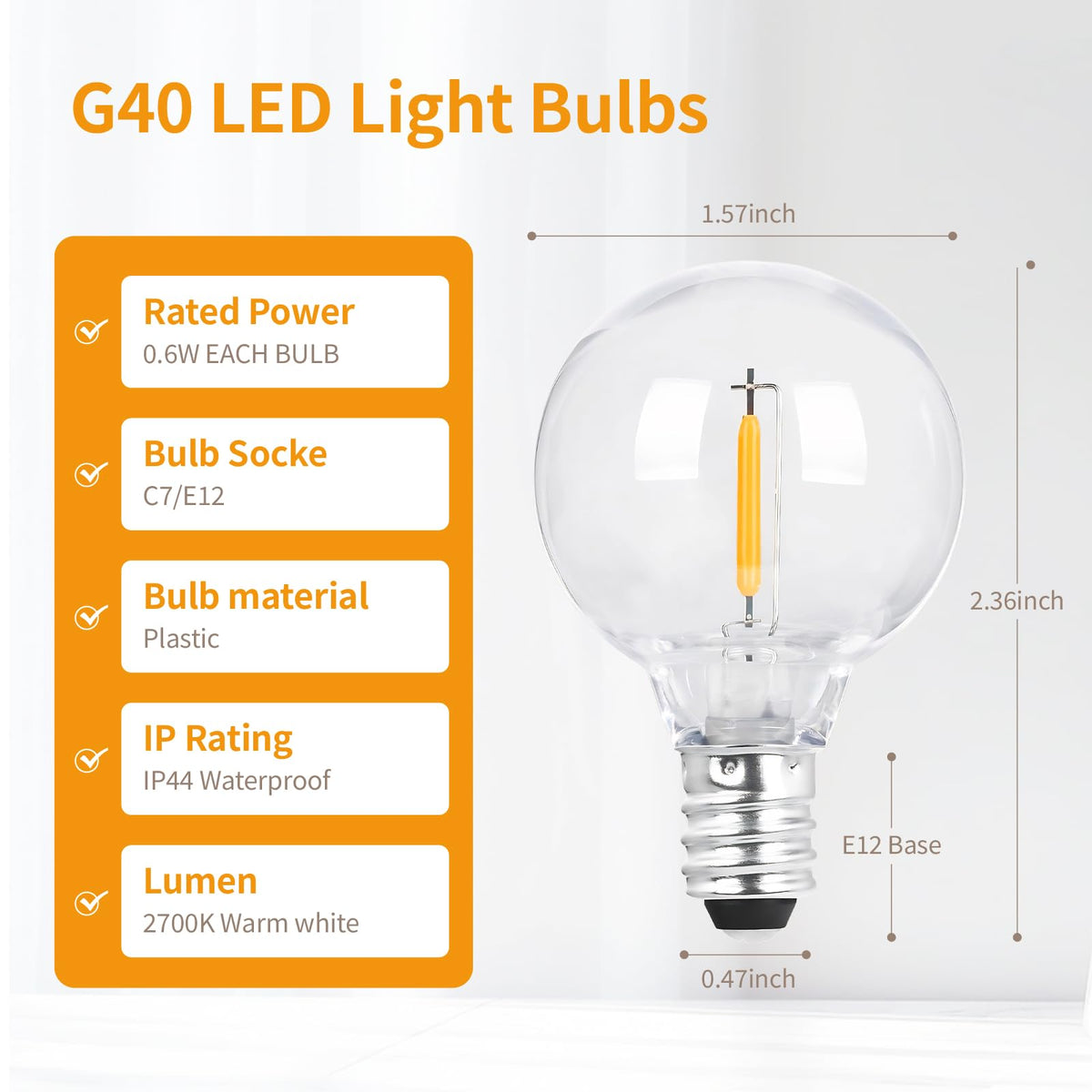 LinkMejor 10PK G40 LED Replacement Bulbs, 0.6W Globo Clara Regulable E12 Base