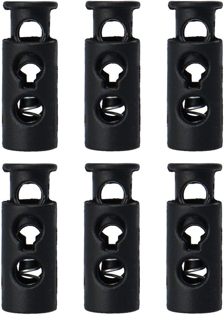 LinkMejor 6pcs Plastic Spring Cord Locks, End Stopper Double Hole Toggle Rope Fastener for Drawstrings Clothing, Shoelaces, Bags, Black