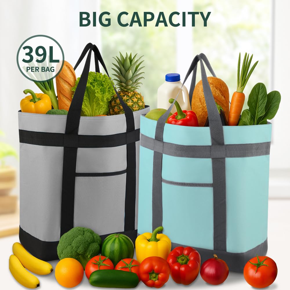 LinkMejor 2PK Insulated Grocery Bags, 39L Large Reusable Totes with Top Zipper & Side Pockets, Water-Resistant Thermal Cooler for Frozen Food, Delivery & Picnic