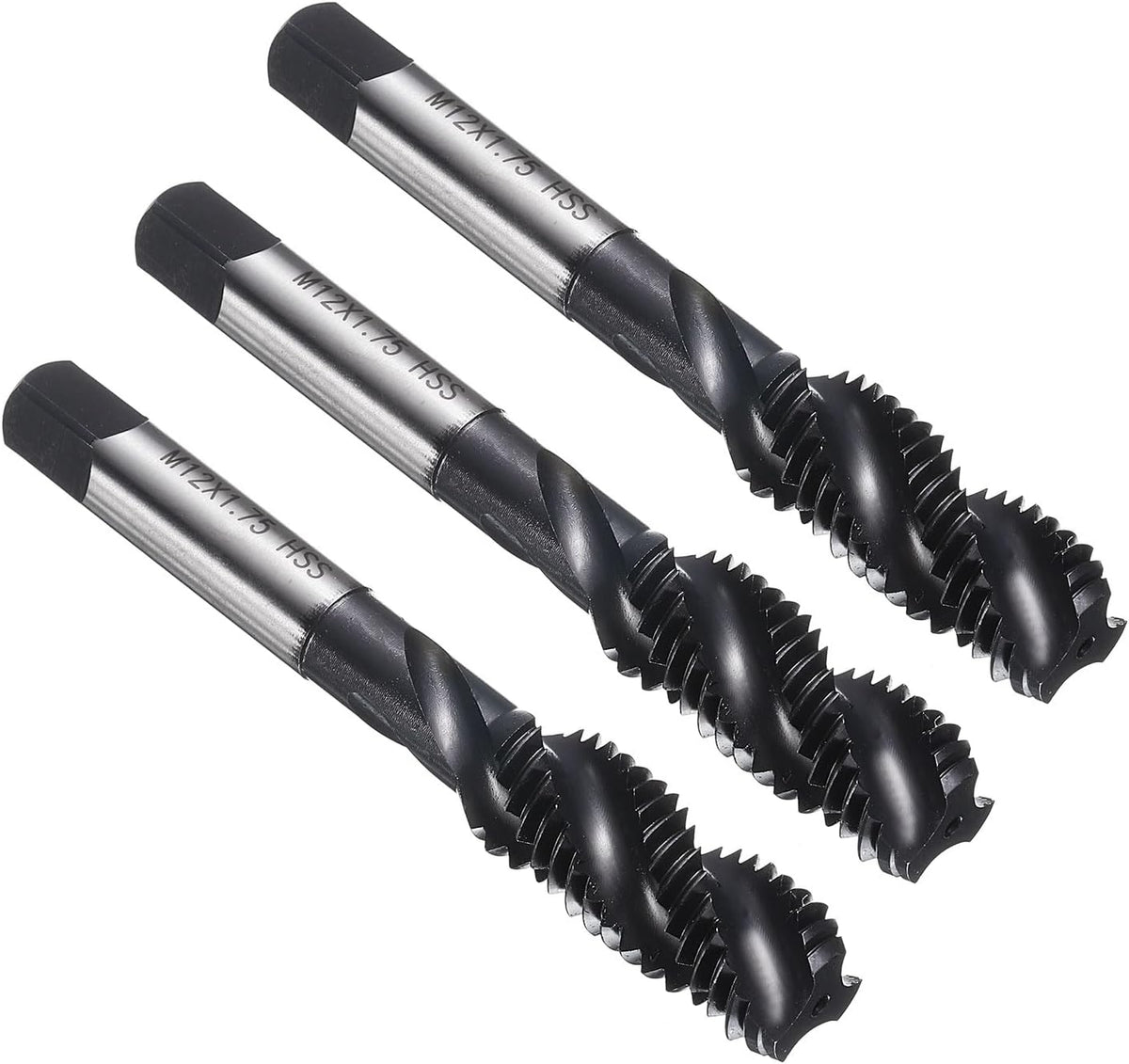 3pcs Spiral Flute Thread Taps M12 x 1.75 H2 Metric Machine Threading Tap Bit, Nitrided Coated Screw Tapping Repair Tool, M2 High-Speed Steel (HSS6542)