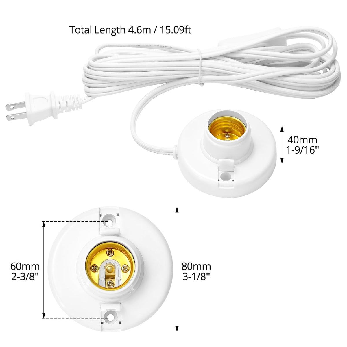 LinkMejor Porta Lampada a Inserzione E26/ E27 con Interruttore On/Off | Prese per Lampadine a Serraggio E26 | Cavo Estensibile da 15ft | Anello Interno in Rame Puro | 60W Max | 2-Pack