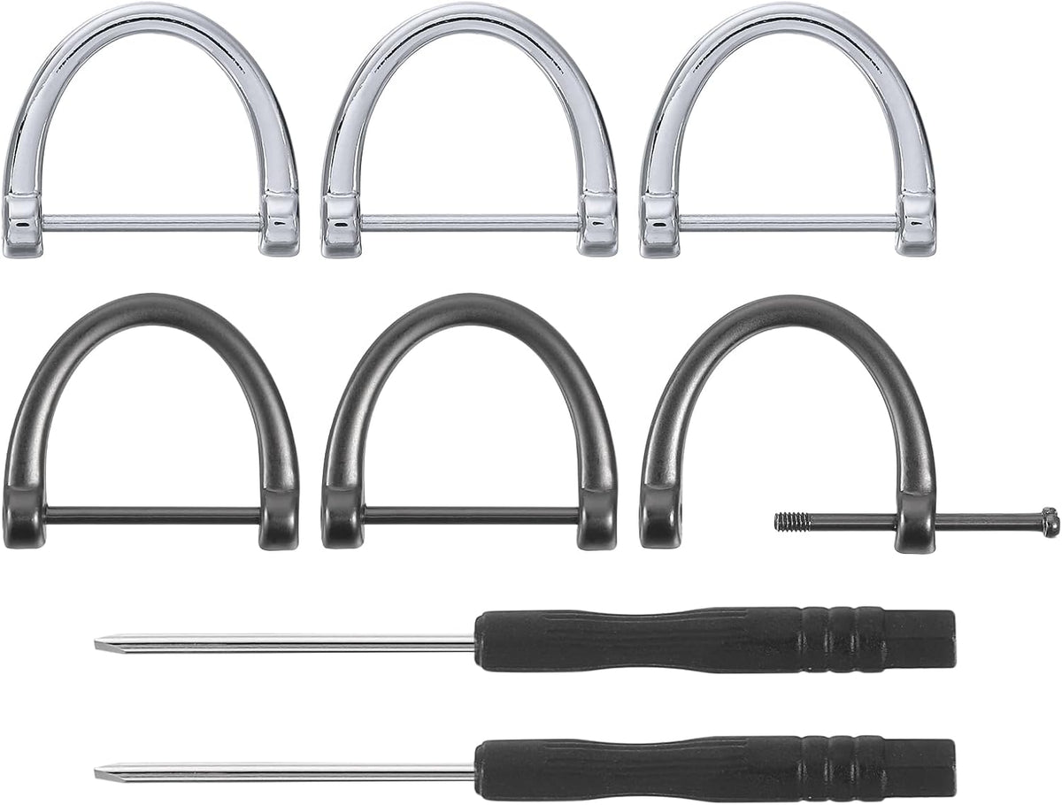 D-Rings Screw in Shackle, 6Pcs 0.63 Inch Zinc Alloy Horseshoe U Shape D Ring Buckles with Screwdriver for Purse DIY Leather Craft Keychain, Silver/Black