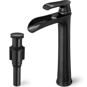 LinkMejor Waterfall Bathroom Sink Faucet, Brass Tall Black Bathroom Faucet Single Handle Vessel Faucet, Bathroom Faucets One Hole Mixer Bowl Tap with Pop-Up Drain Water Hoses for Vanity Lavatory