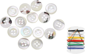 25Pcs Natural Shell Button, 4 Hole 10mm Wide Edge Mother of Pearl Buttons with Sewing Thread Kit for Shirt Coats Suits Jacket Jeans Skirts DIY Sewing Crafts, White/Black
