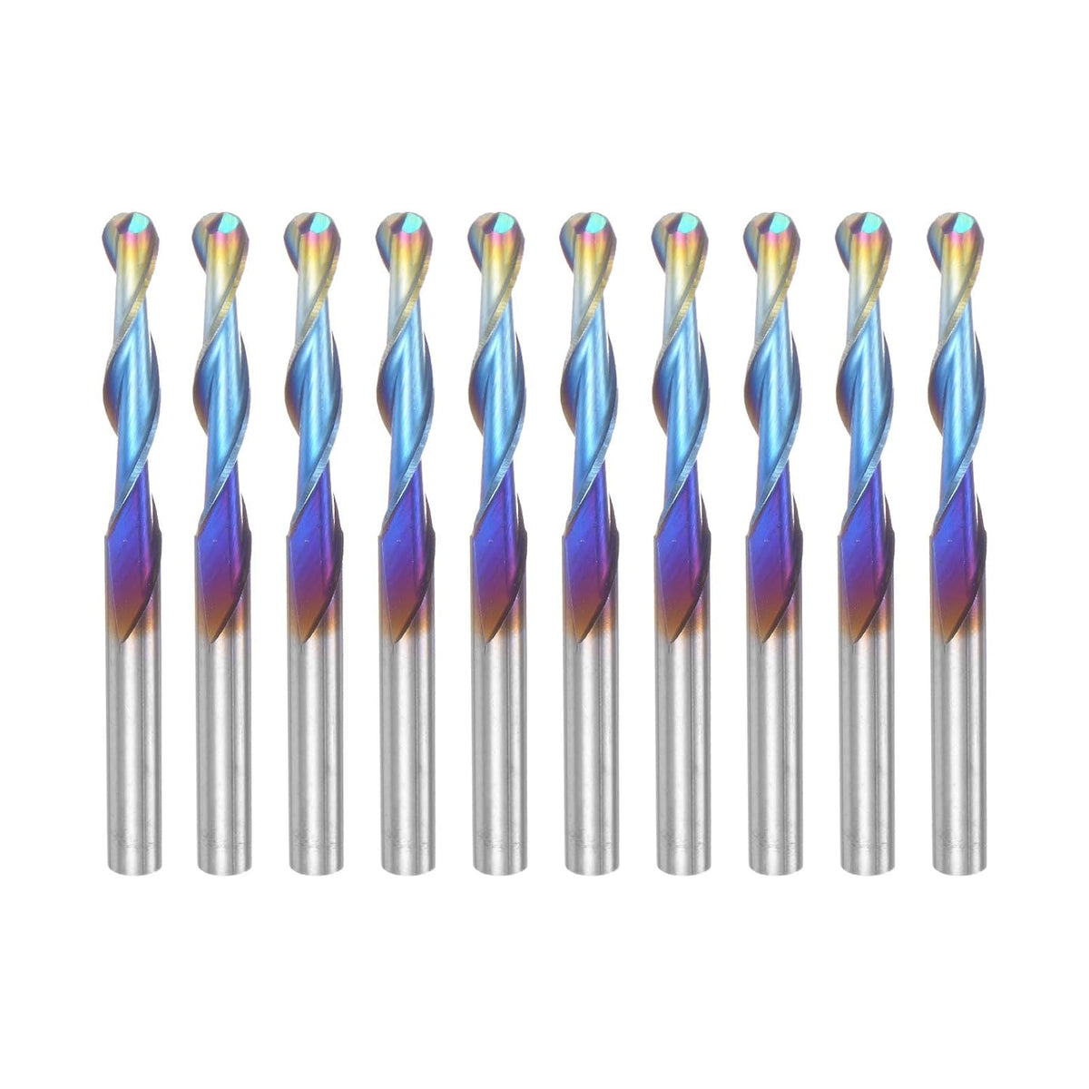10pcs Ball Nose End Mills CNC Router Bits, 1/8" Blue Nano Coated Spiral Upcut 2 Flutes Solid Carbide, 1/8" (3.175mm) Shank 1/16" Cutting Length 1-1/2" Overall Length