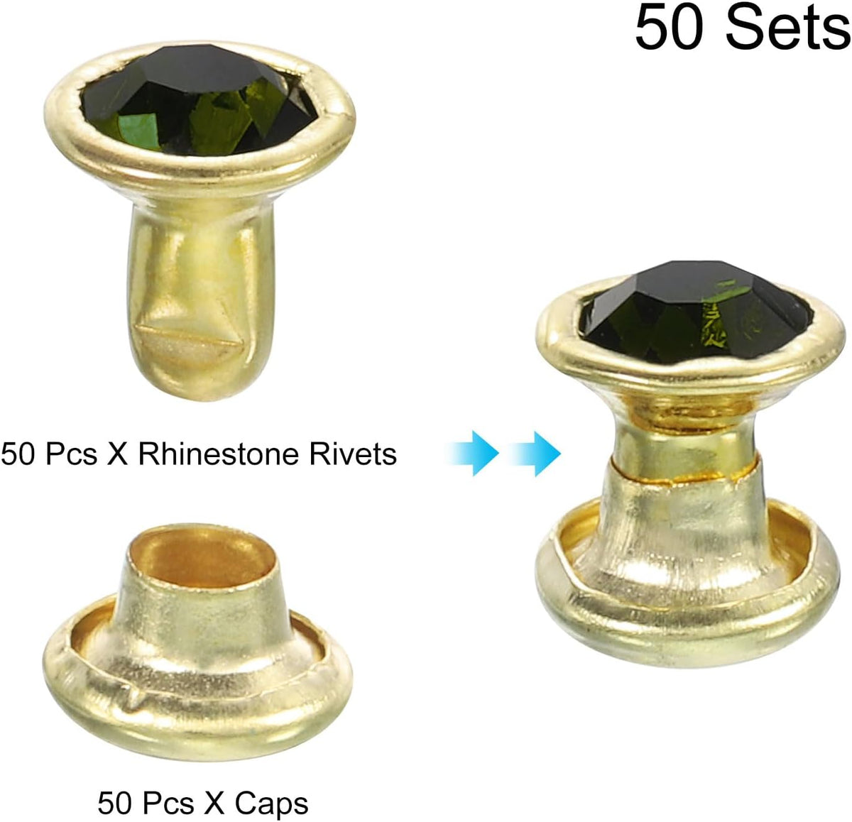 50Pcs シルバー ダークブルー ラウンドファイア キュービックジルコニア ルーブス、8mm/0.31" レザークラフト ルーブス クリスタルルーブス メタルダブルキャップ ラウンドファイア スチ