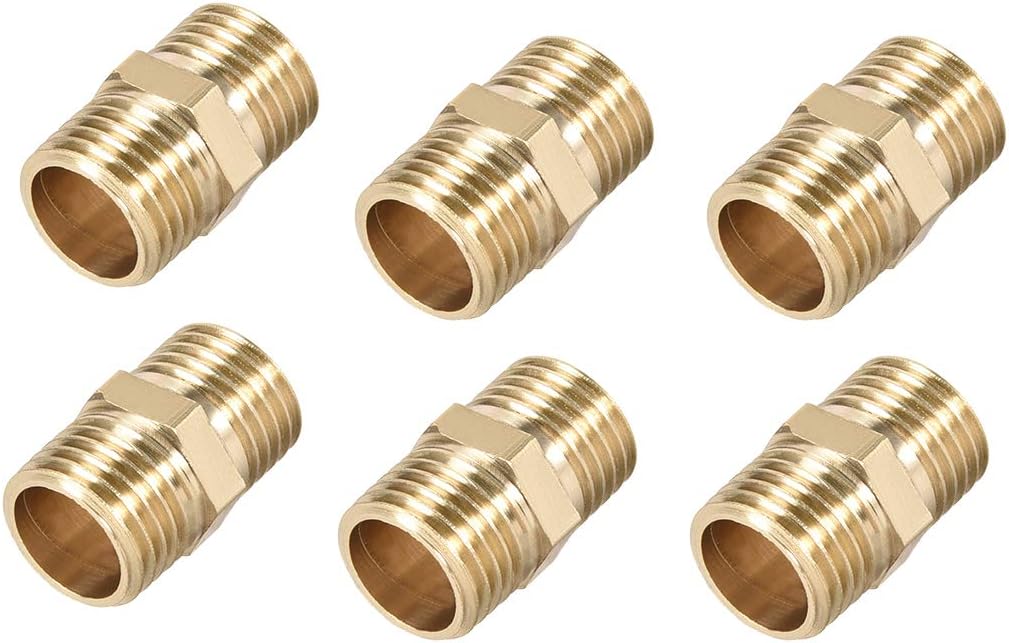 Brass Pipe Fitting Connector Straight HeX Nipple Coupler 1/4 x 1/4 G Male Thread Hose Fittings Gold Tone 6pcs