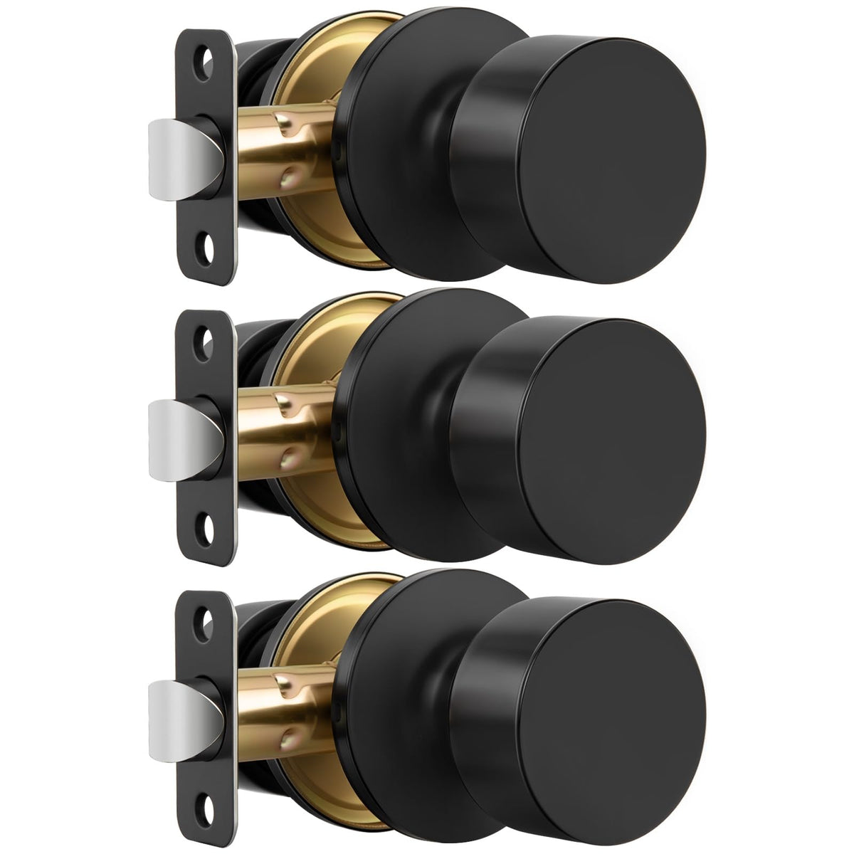 LinkMejor Matte Black Closet Door Knobs, Passage Door Knob for Closet, Black Round Door Knobs Interior Hallway 3 Pack