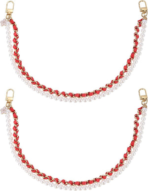 2Pcs 17.7" Pearl PU Leather Handles w/Expandable Chain (Red, Gold Chain)