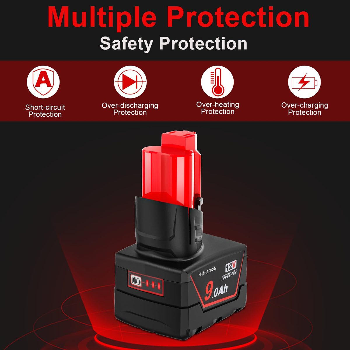 2 Pack 12V 9A Batterier Kompatibel med Milwaukee 12V Trådløse Værktøjer